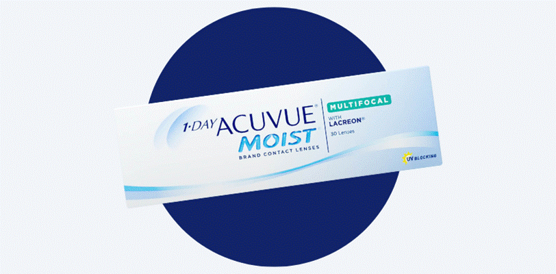 A box of 1 Day Acuvue Moist contact lenses on a blue and grey background.