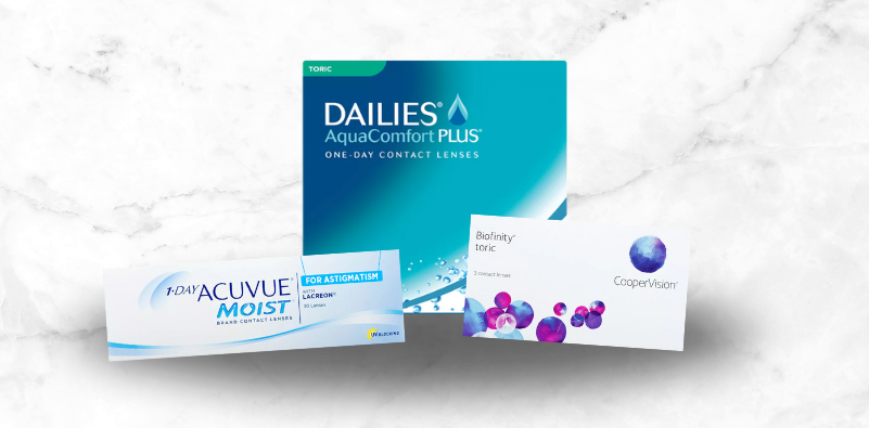 A graphic showcasing a variety of contact lenses for astigmatism from top brands like Acuvue, Dailies and CooperVision