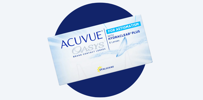 A graphic with a grey background, and a navy blue circle in the centre with a box of Acuvue Oasys for Astigmatism contact lenses layered over the top