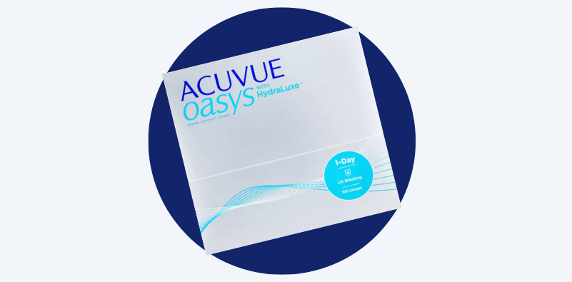 A graphic with a grey background, a navy circle in the centre of the image and a packshot of Acuvue Oasys daily contact lenses