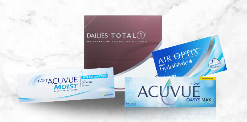A mottled background with packshots of DAILIES Total 1, Air Optix HydraGlyde, ACUVUE 1 Day Moist and ACUVUE 1 day MAX contact lenses.