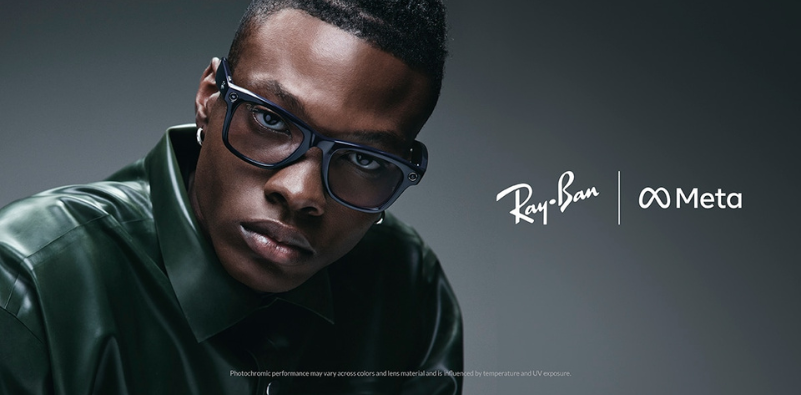 Official Ray-Ban Meta imagery showcasing a male in a leather jacket, wearing a pair of black Ray-Ban Meta glasses