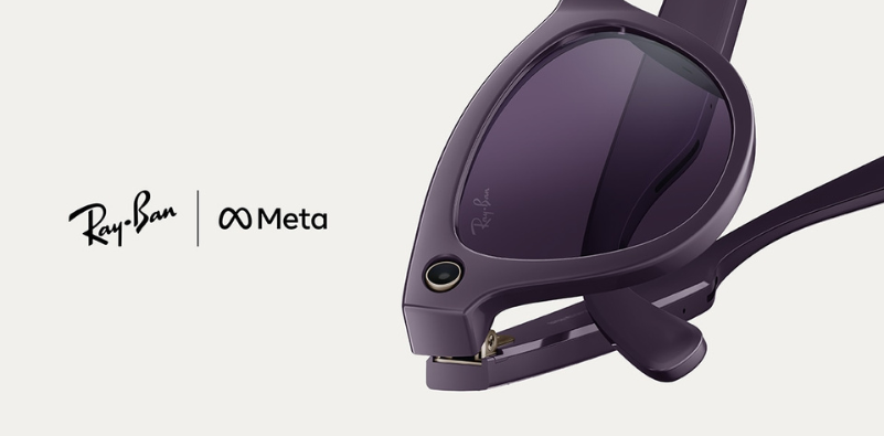 Official Ray-Ban Meta imagery – A cream coloured background with half of a pair of black Ray-Ban Meta sunglasses, and the official Ray-Ban and Meta logos